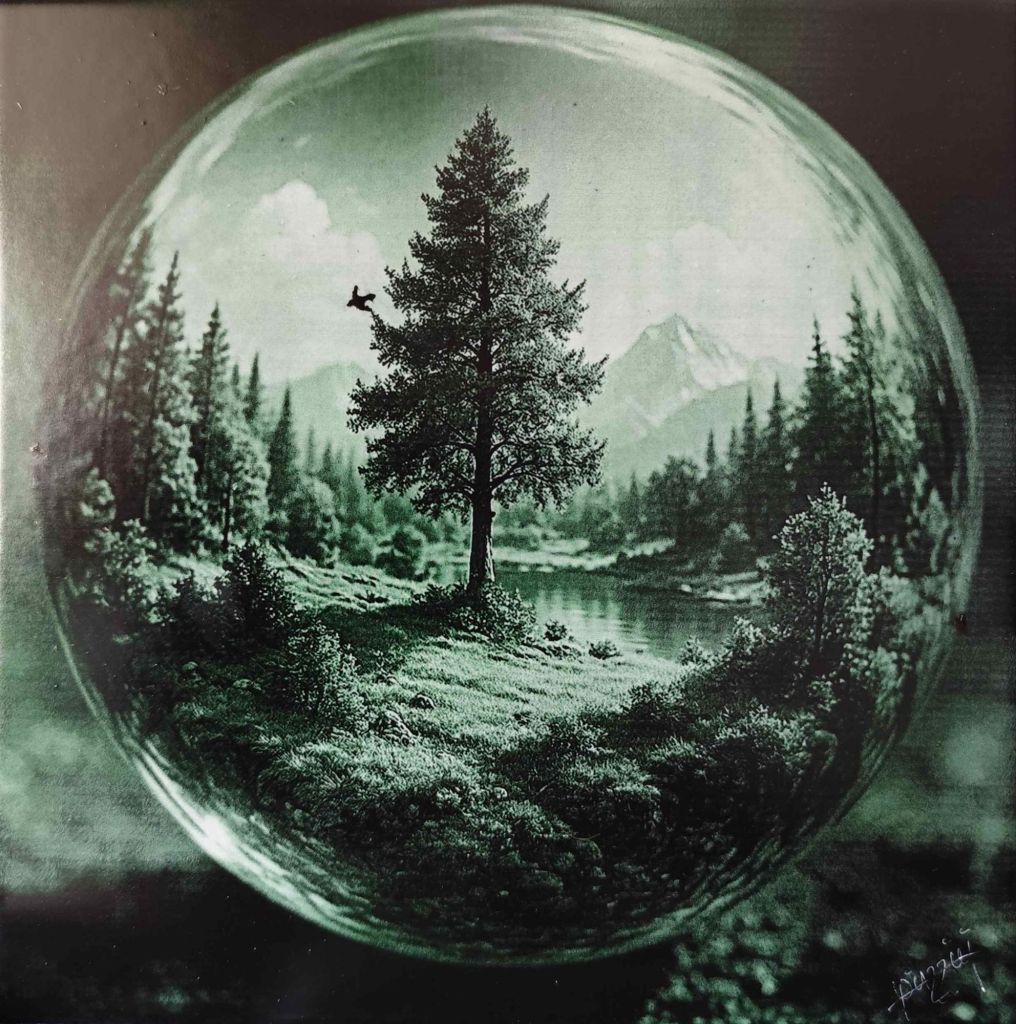 Carreau de carrelage décoratif gravé au Laser paysage nature avec reflet arbre dans une sphère. Création artisanale en Vert et noir