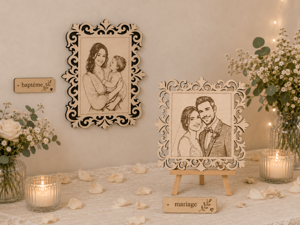 Gravure laser portrait sur bois effet dentelle